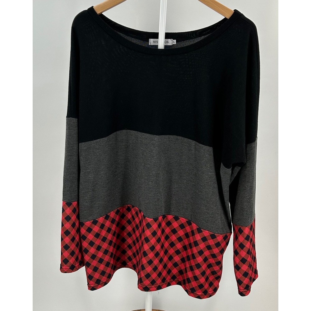Misslook Womens XL Buffalo Plaid Colorblock Tunic Top Black Grey Red Long Sleeve